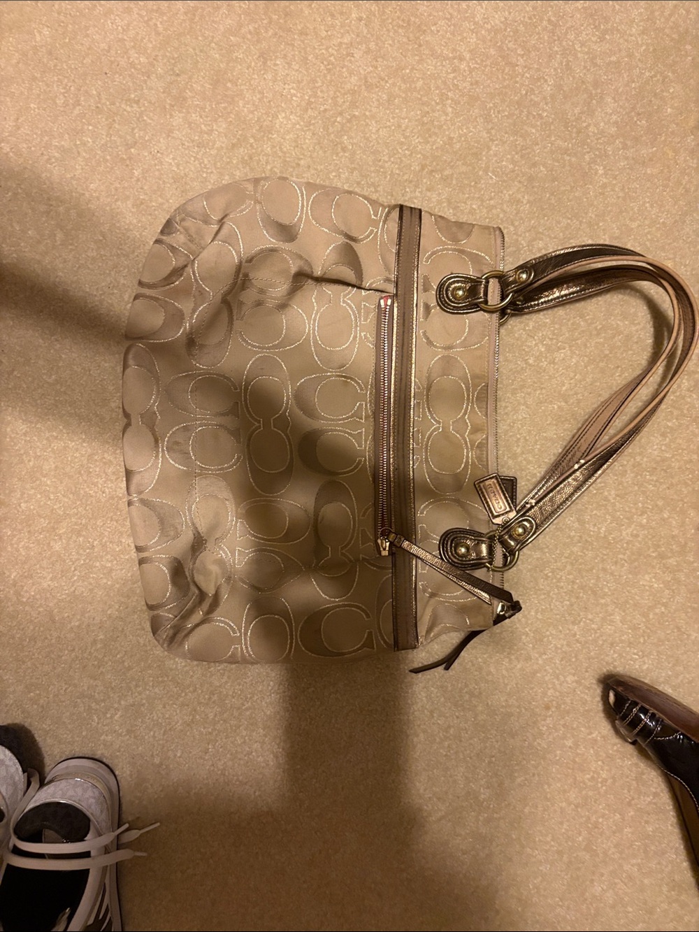 Coach Beige Signature Shoulder Bag with Metallic Trim